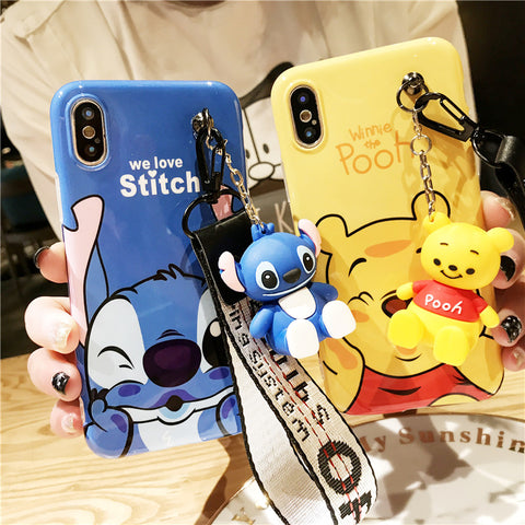 Stitch mini Pooh dinosaur lanyard+tand silicone personality drop case for iphone